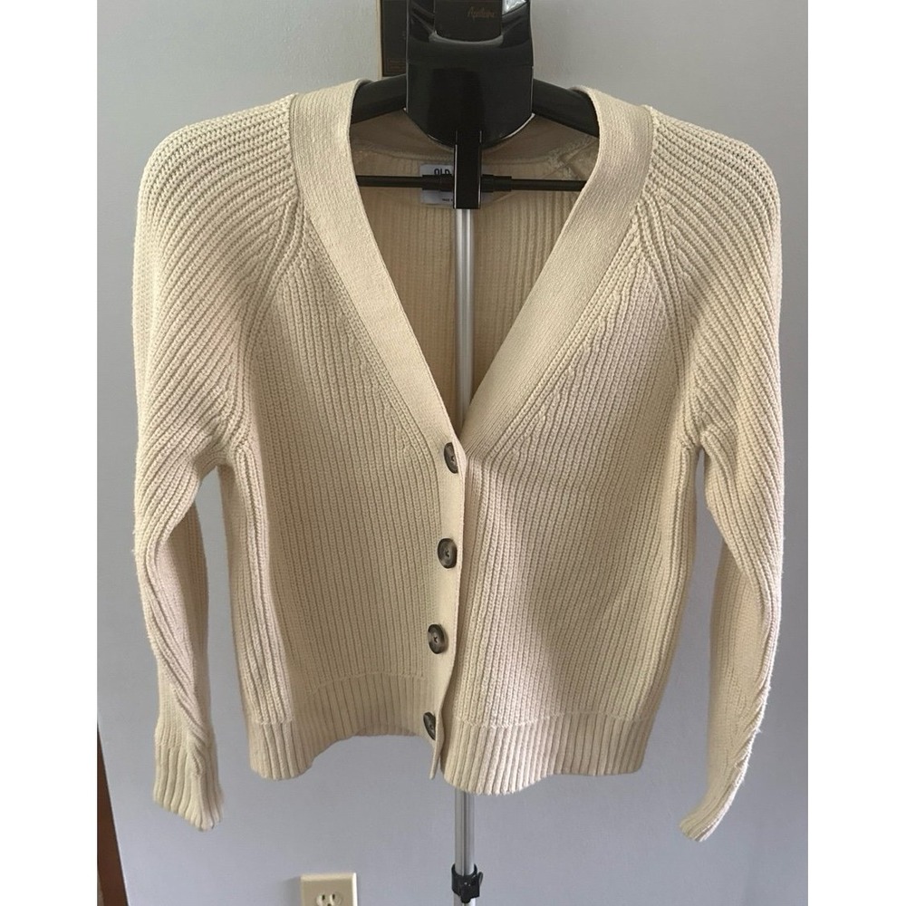 Old Navy Women's Cream Ribbed Button Front V-Neck Cardigan Sweater Size Small